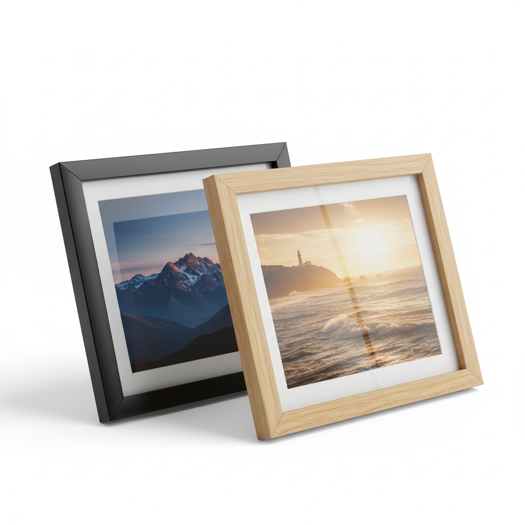 Framed Pictures in Black and Natural Wood Frames